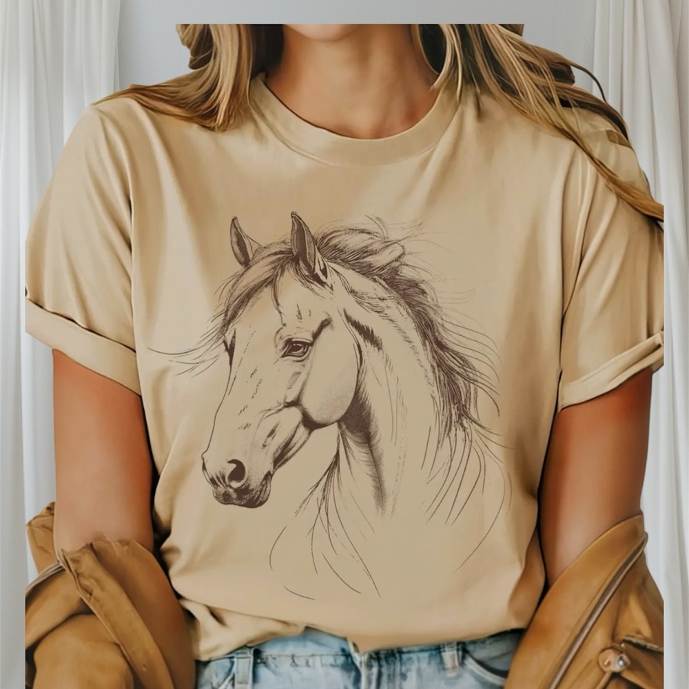 Graphic Horse Tan T-Shirt with Horse Graphic NWT